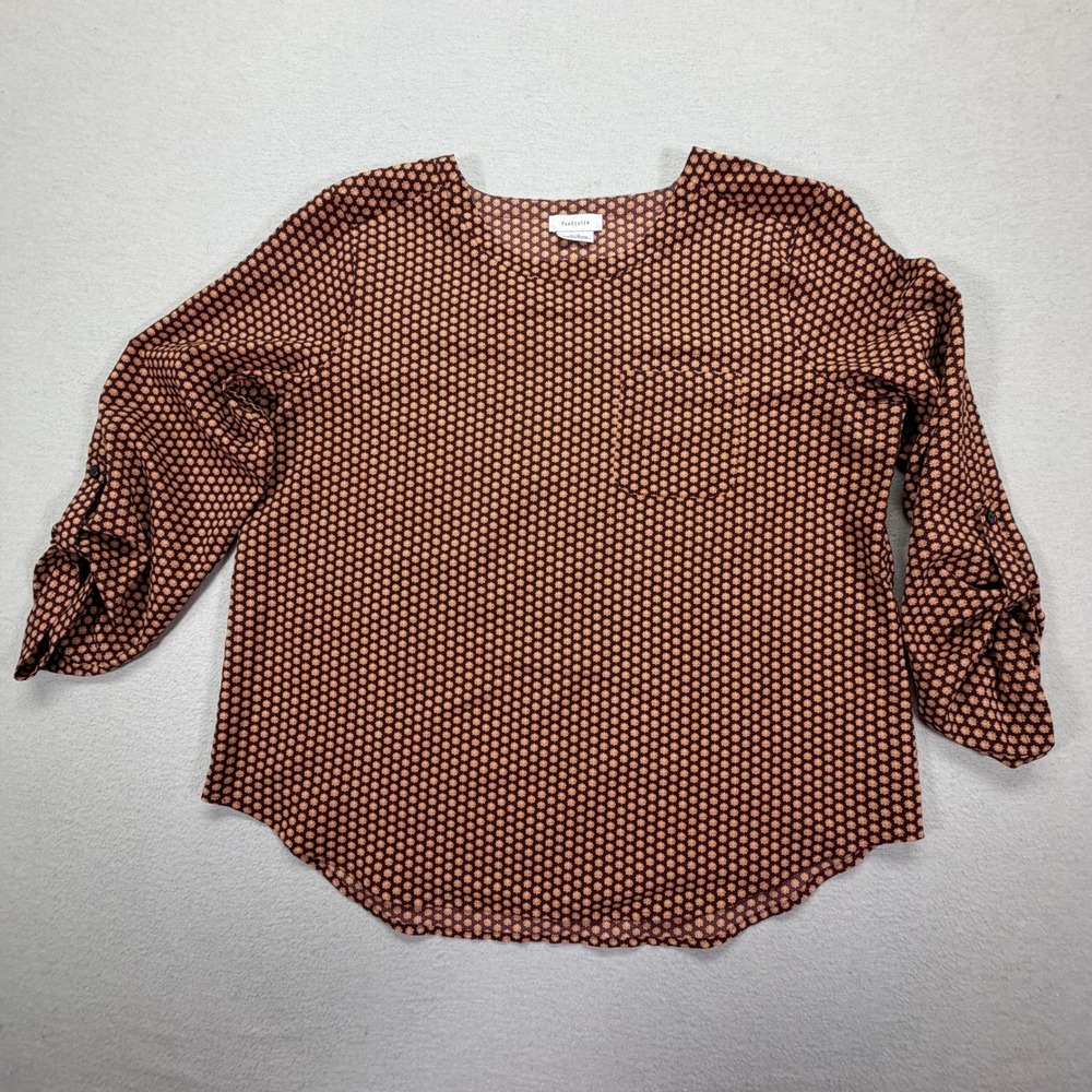 Van Heusen Womens Blouse Relaxed‎ Burgundy Geometric Roll-Tab Sleeve XL